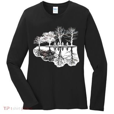 Kids Riding Bikes Through Trees Upside Down Women's Long Sleeve Shirt