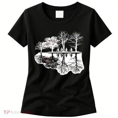 Kids Riding Bikes Through Trees Upside Down Women's T-Shirt