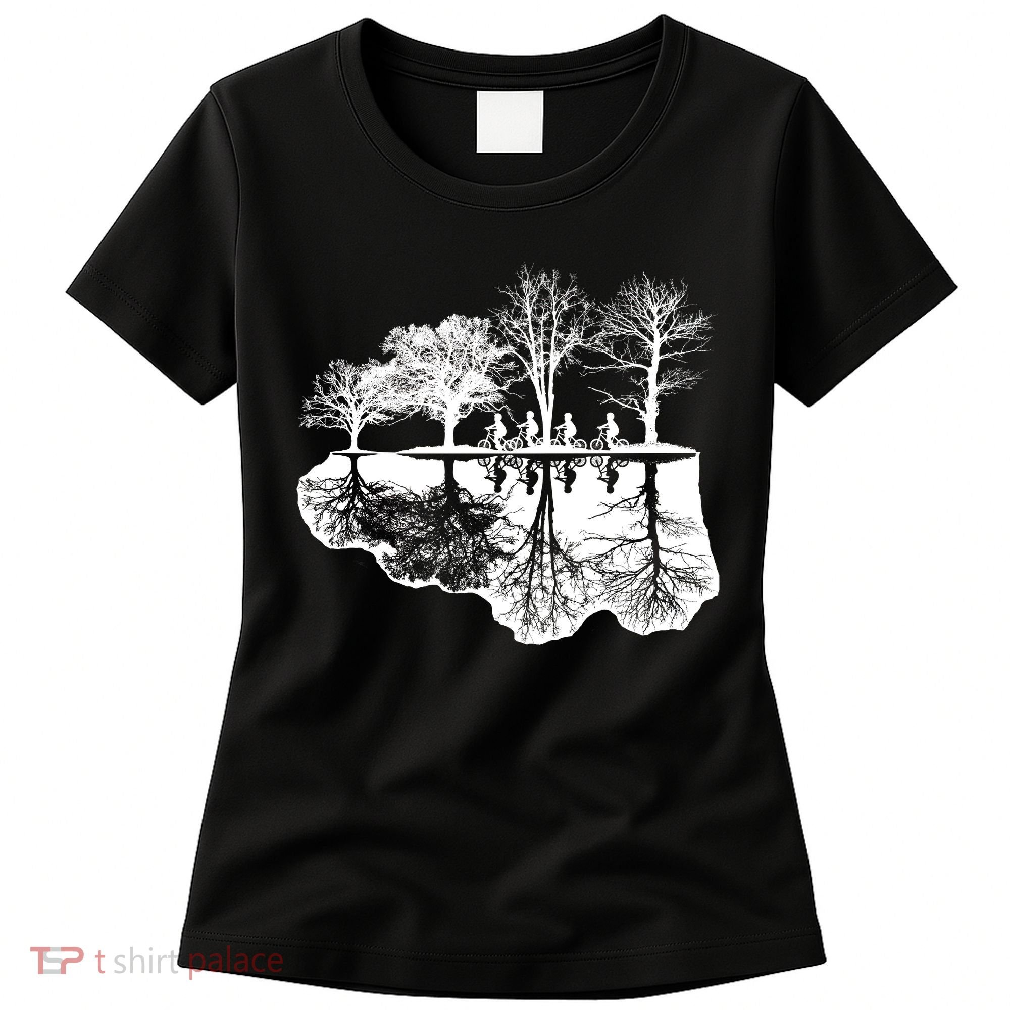 Kids Riding Bikes Through Trees Upside Down Women's T-Shirt