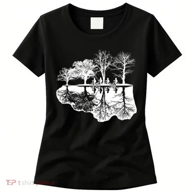 Kids Riding Bikes Through Trees Upside Down Women's T-Shirt