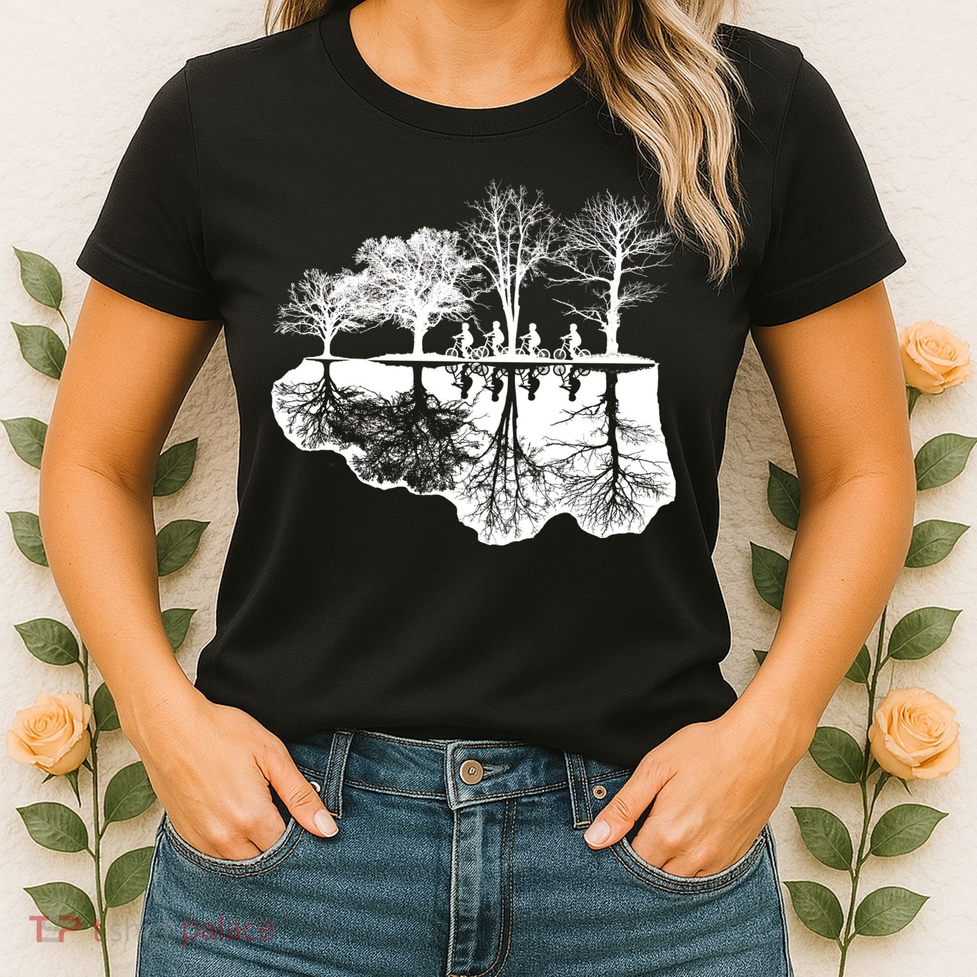 Kids Riding Bikes Through Trees Upside Down Women's T-Shirt