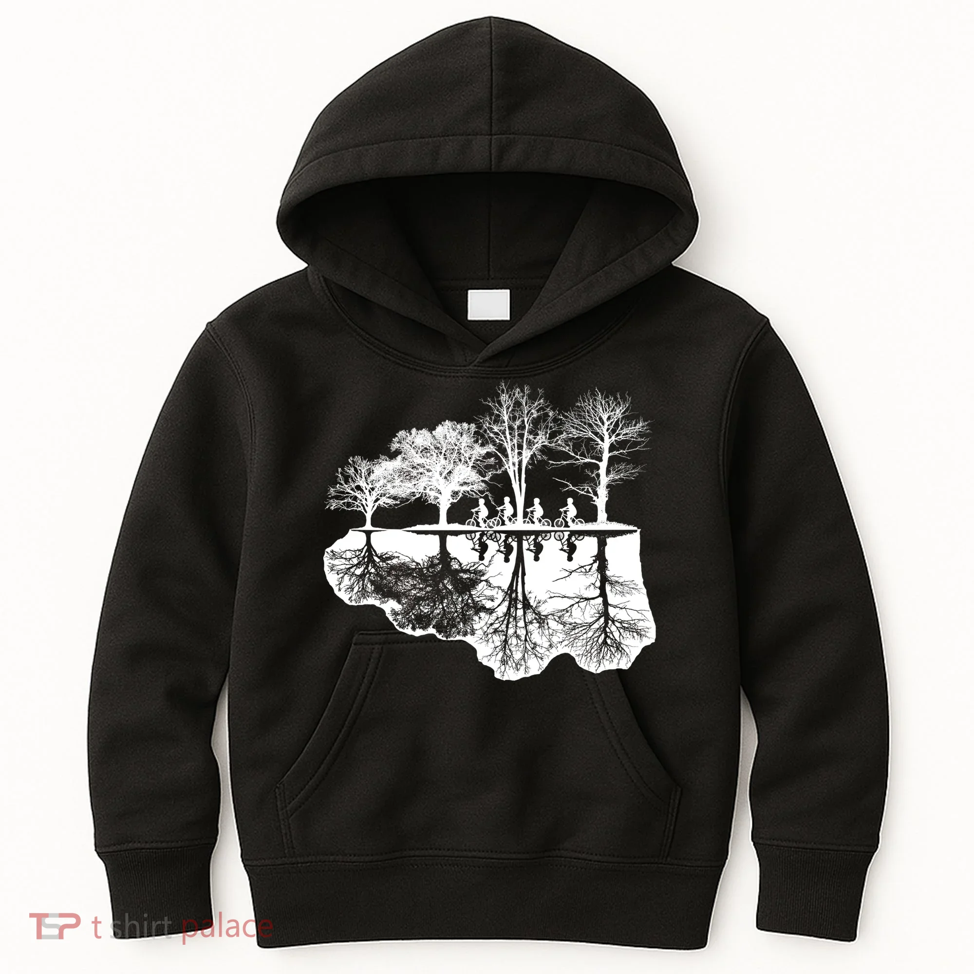 Kids Riding Bikes Through Trees Upside Down Kids Hoodie