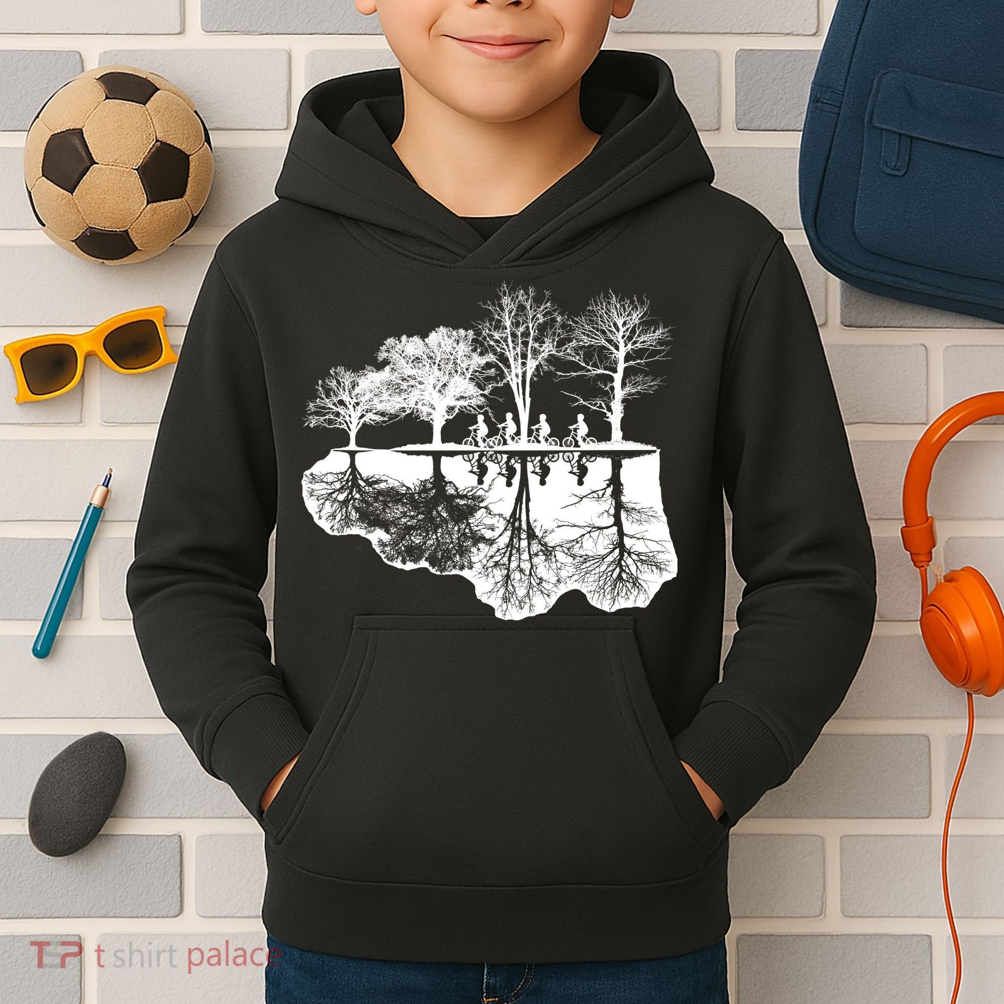 Kids Riding Bikes Through Trees Upside Down Kids Hoodie