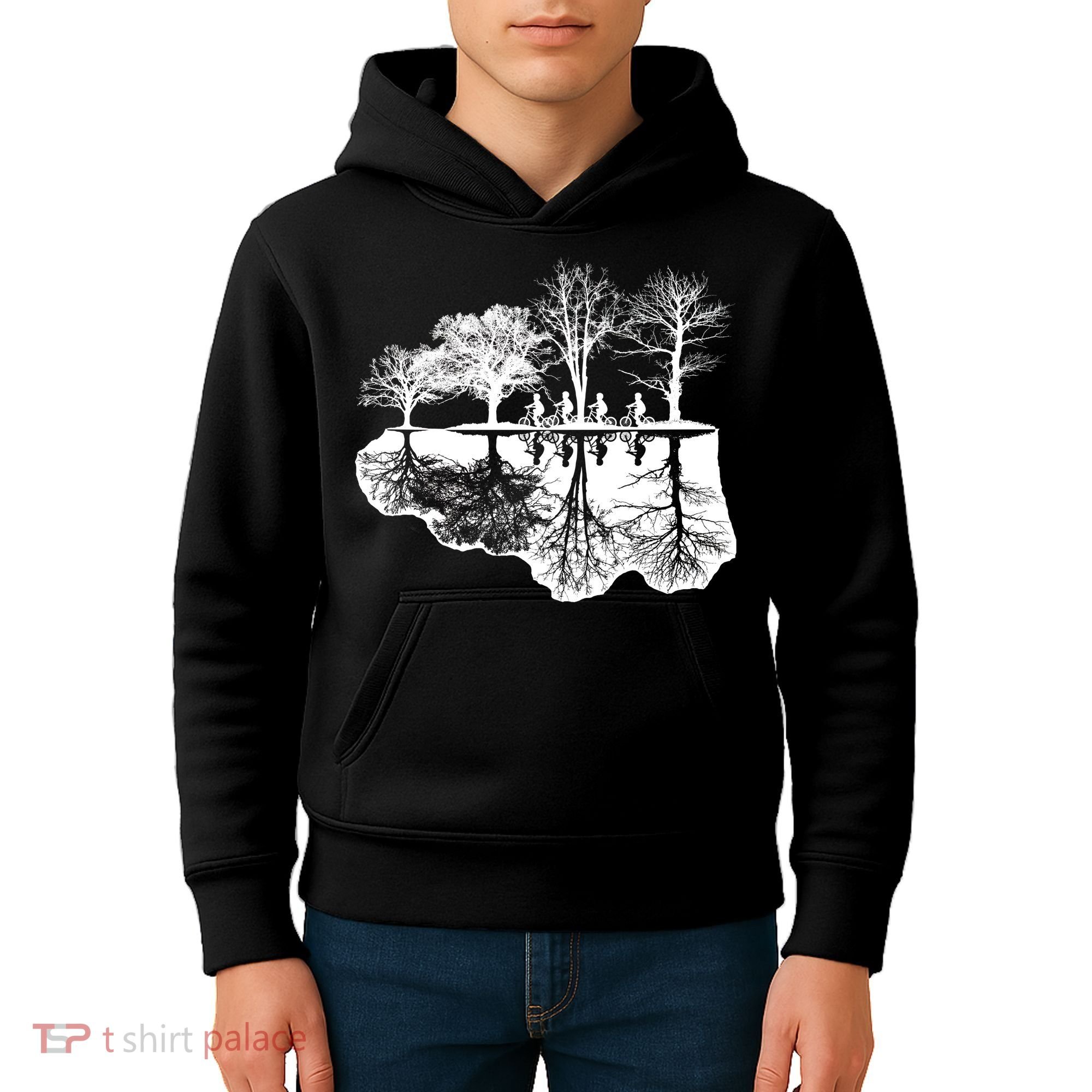 Kids Riding Bikes Through Trees Upside Down Kids Hoodie