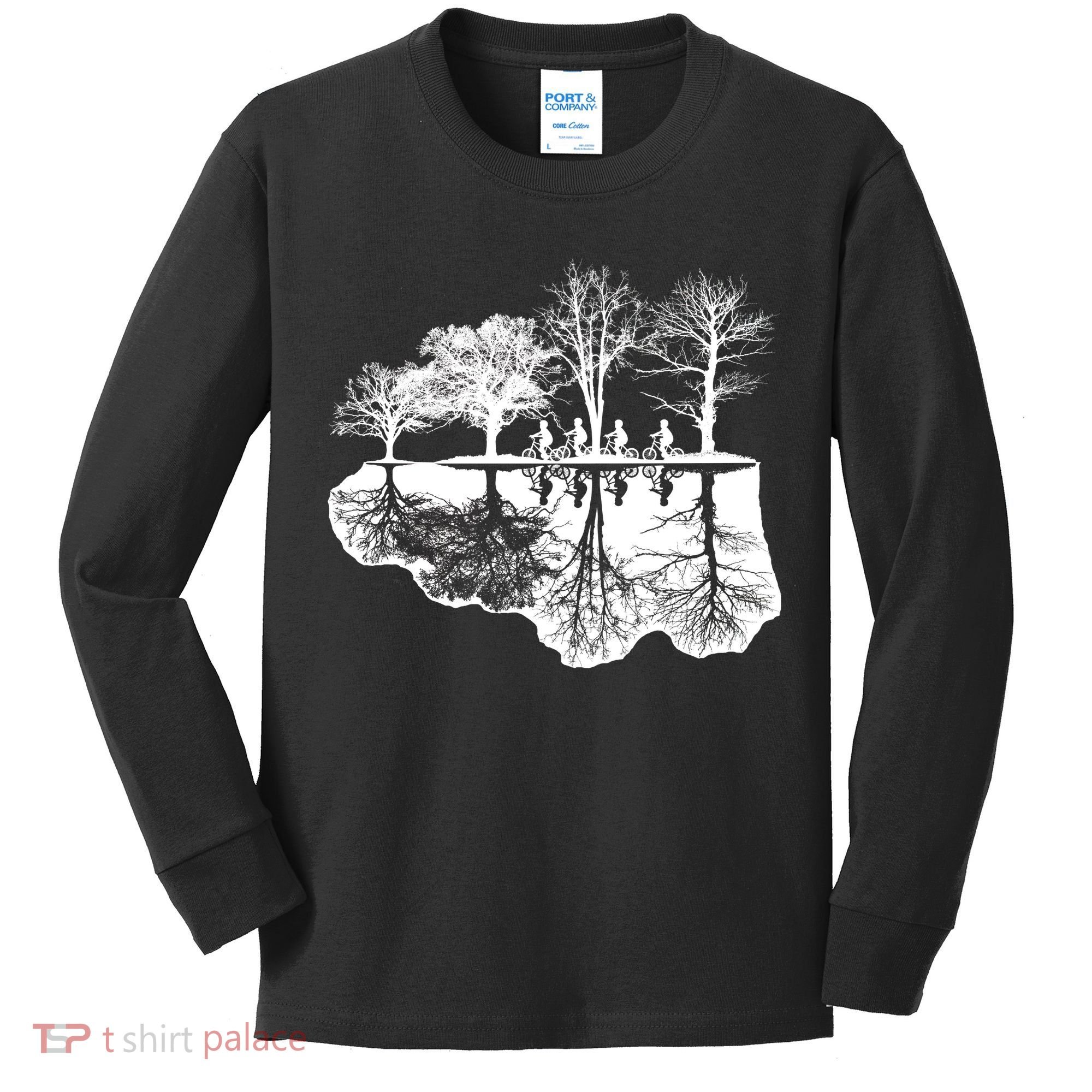 Kids Riding Bikes Through Trees Upside Down Kids Long Sleeve Shirt