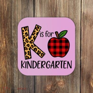 K Is For Kindergarten Teacher Leopard Buffalo Plaid Coaster