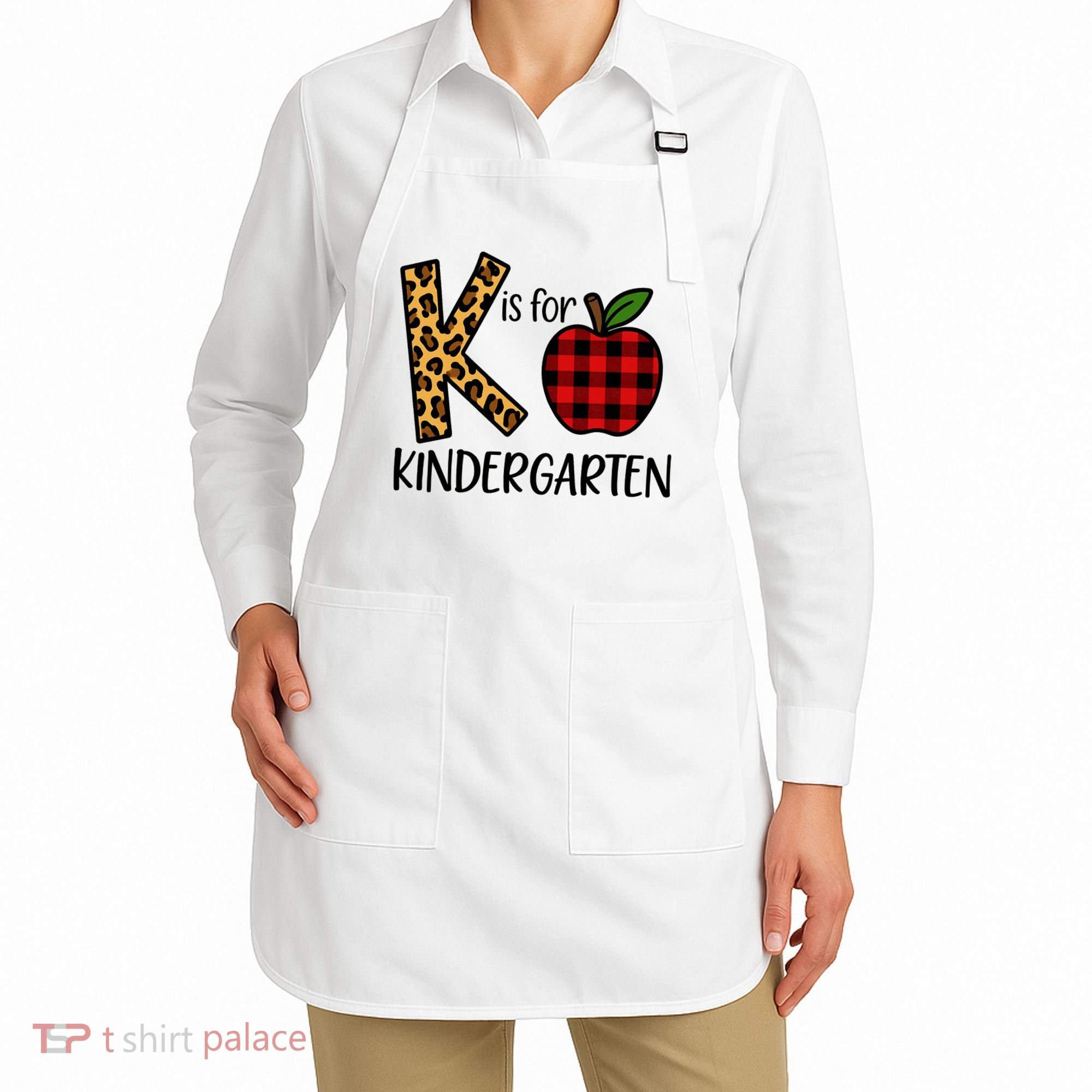 K Is For Kindergarten Teacher Leopard Buffalo Plaid Apron