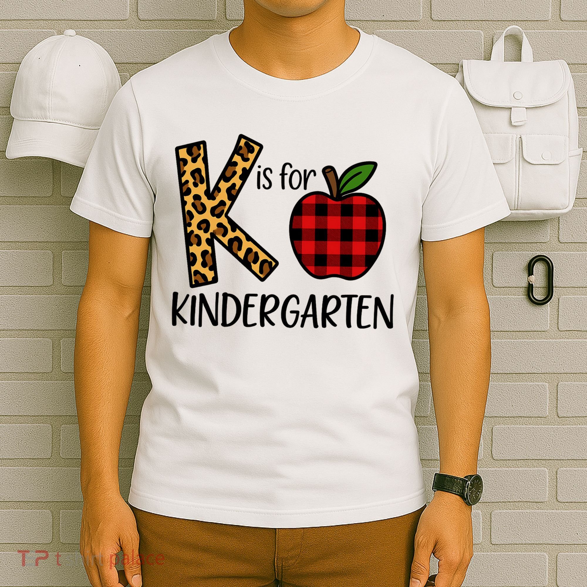 K Is For Kindergarten Teacher Leopard Buffalo Plaid T-Shirt