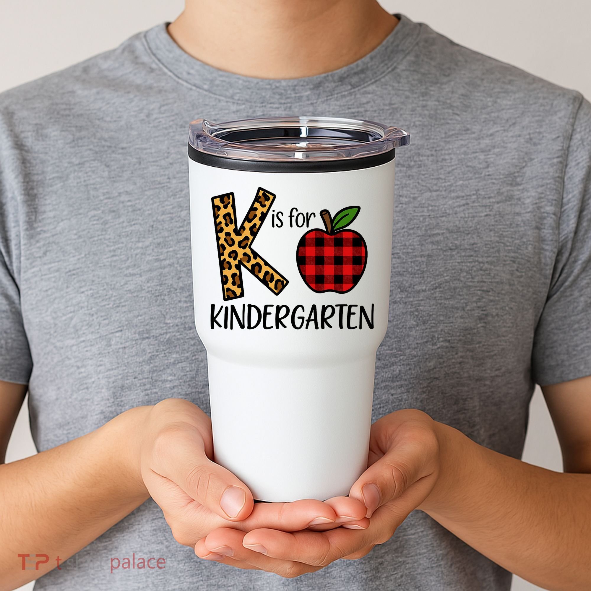 K Is For Kindergarten Teacher Leopard Buffalo Plaid Tumbler