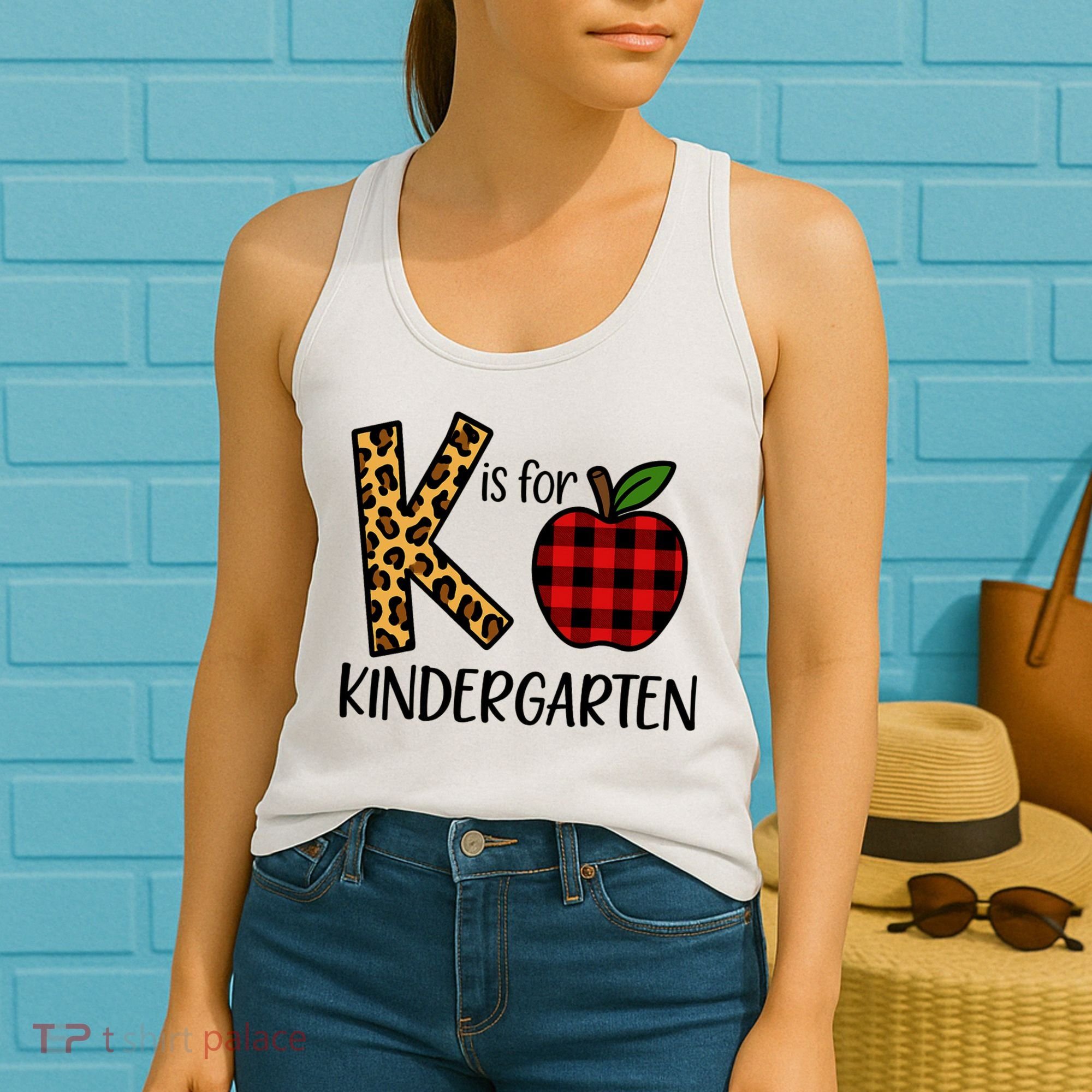 K Is For Kindergarten Teacher Leopard Buffalo Plaid Women's Tank Top