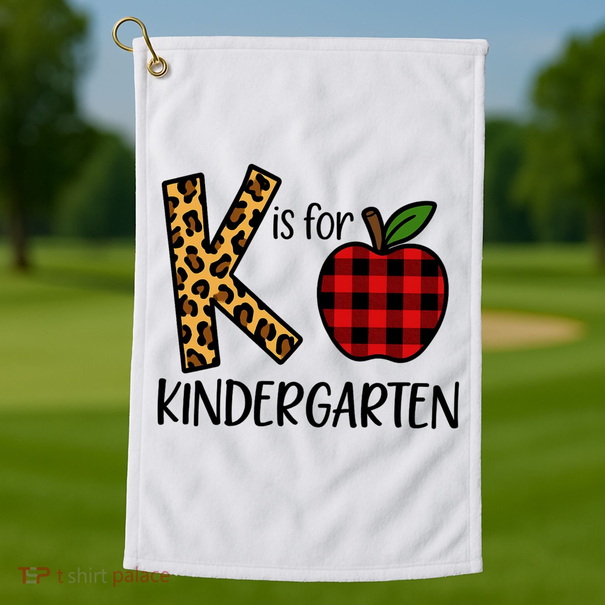 K Is For Kindergarten Teacher Leopard Buffalo Plaid Golf Towel