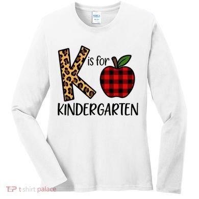 K Is For Kindergarten Teacher Leopard Buffalo Plaid Women's Long Sleeve Shirt