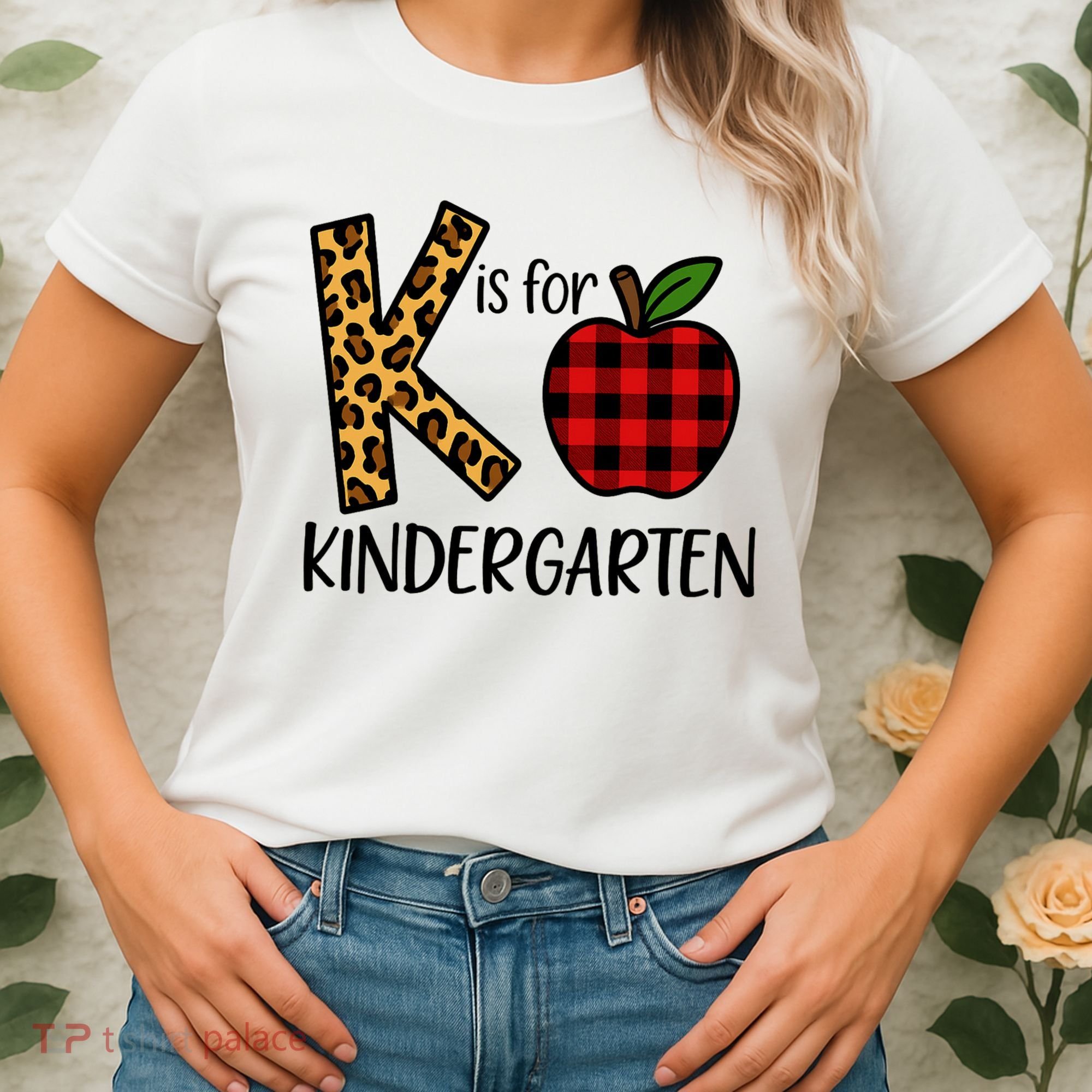 K Is For Kindergarten Teacher Leopard Buffalo Plaid Women's T-Shirt