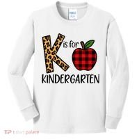 K Is For Kindergarten Teacher Leopard Buffalo Plaid Kids Long Sleeve Shirt thumb 0