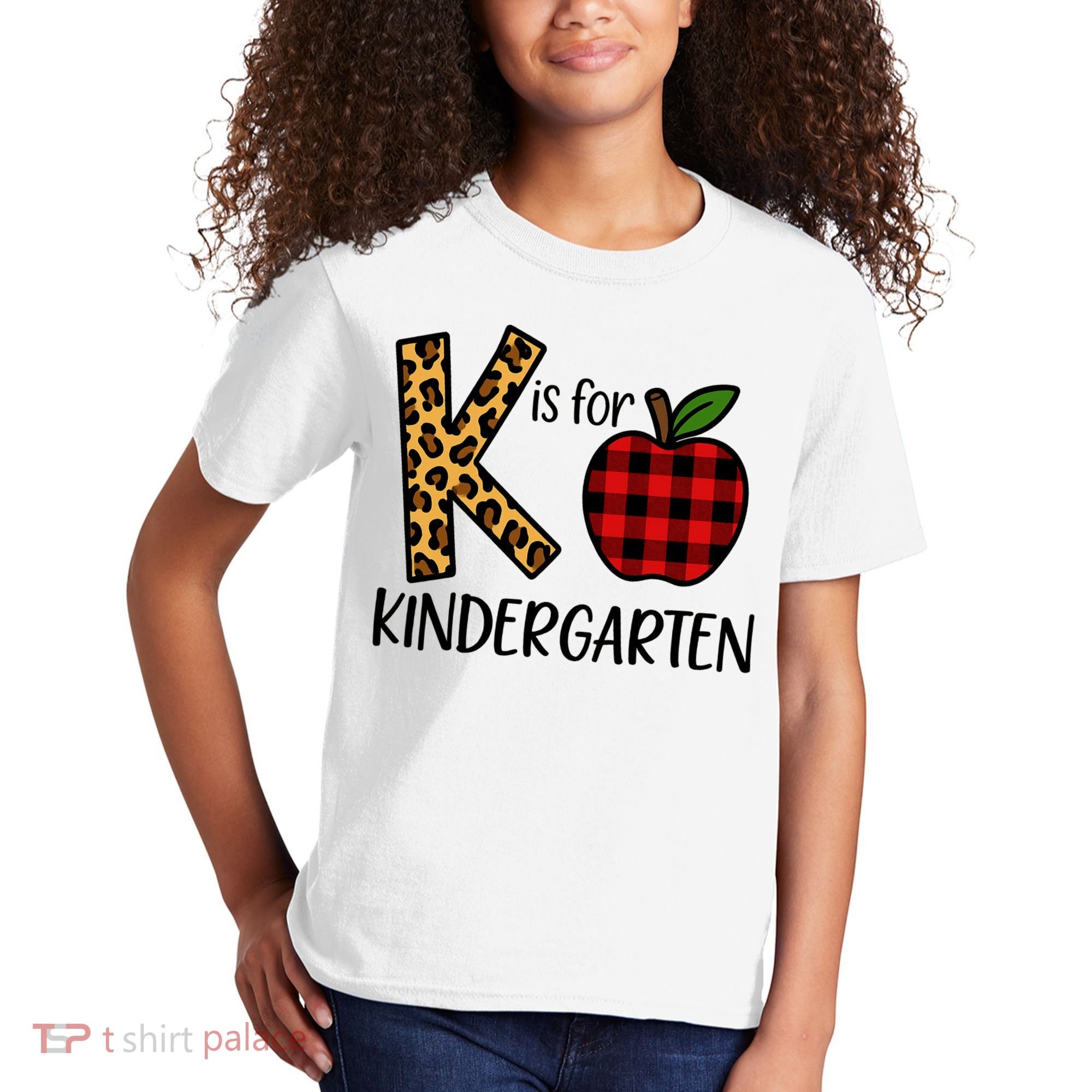 K Is For Kindergarten Teacher Leopard Buffalo Plaid Kids T-Shirt