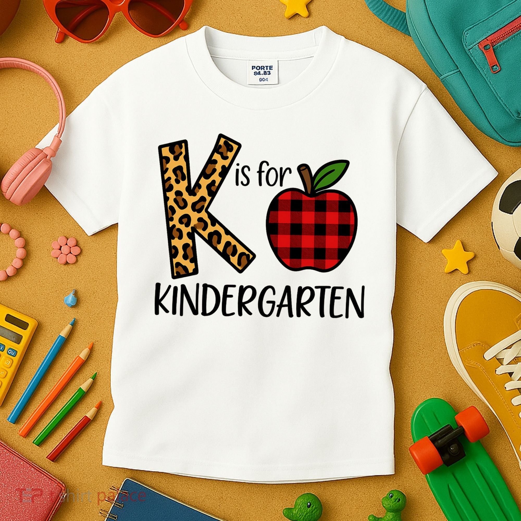 K Is For Kindergarten Teacher Leopard Buffalo Plaid Kids T-Shirt