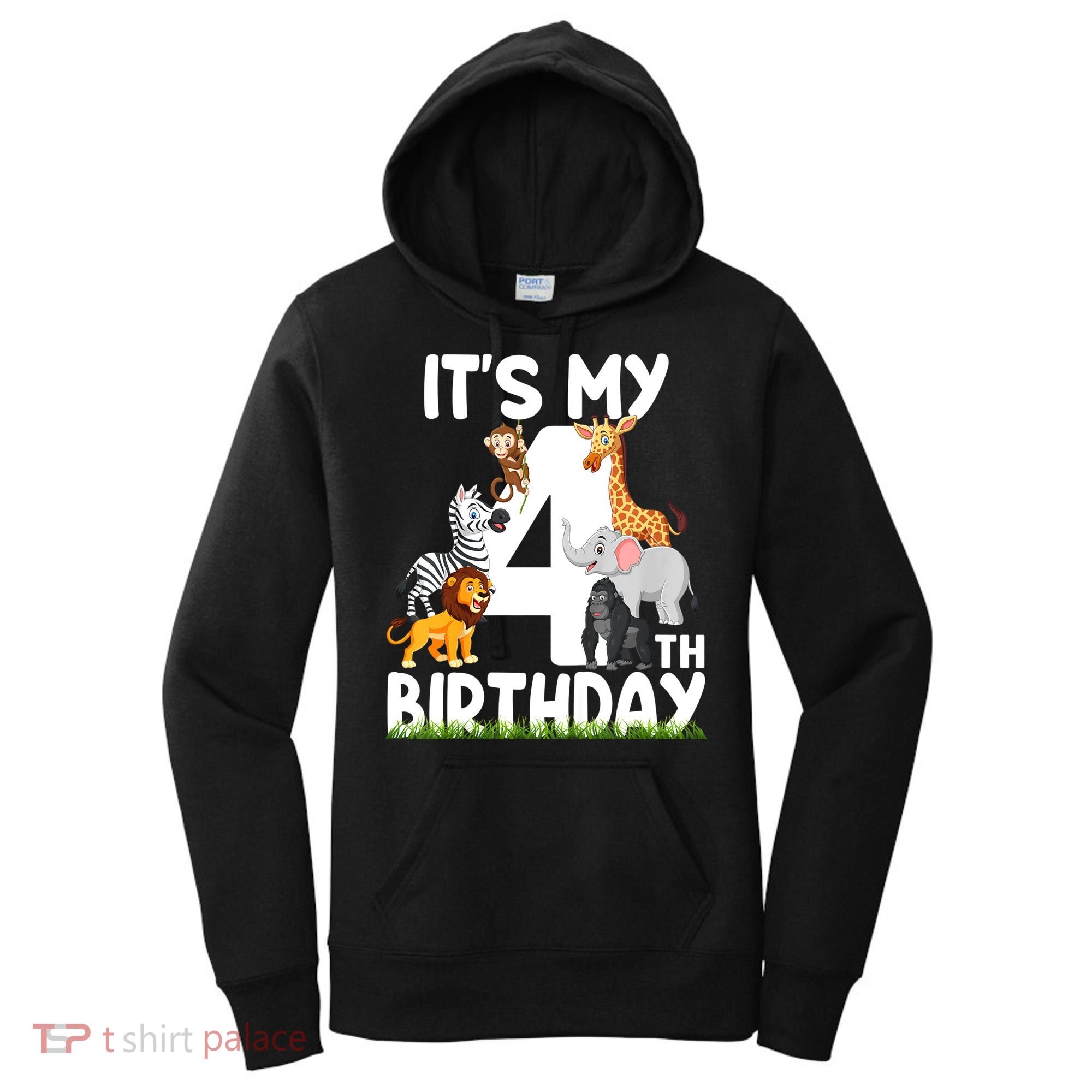 Kids It's My 4th Birthday Zoo Jungle Safari 4 Years Old Animals Women's Hoodie
