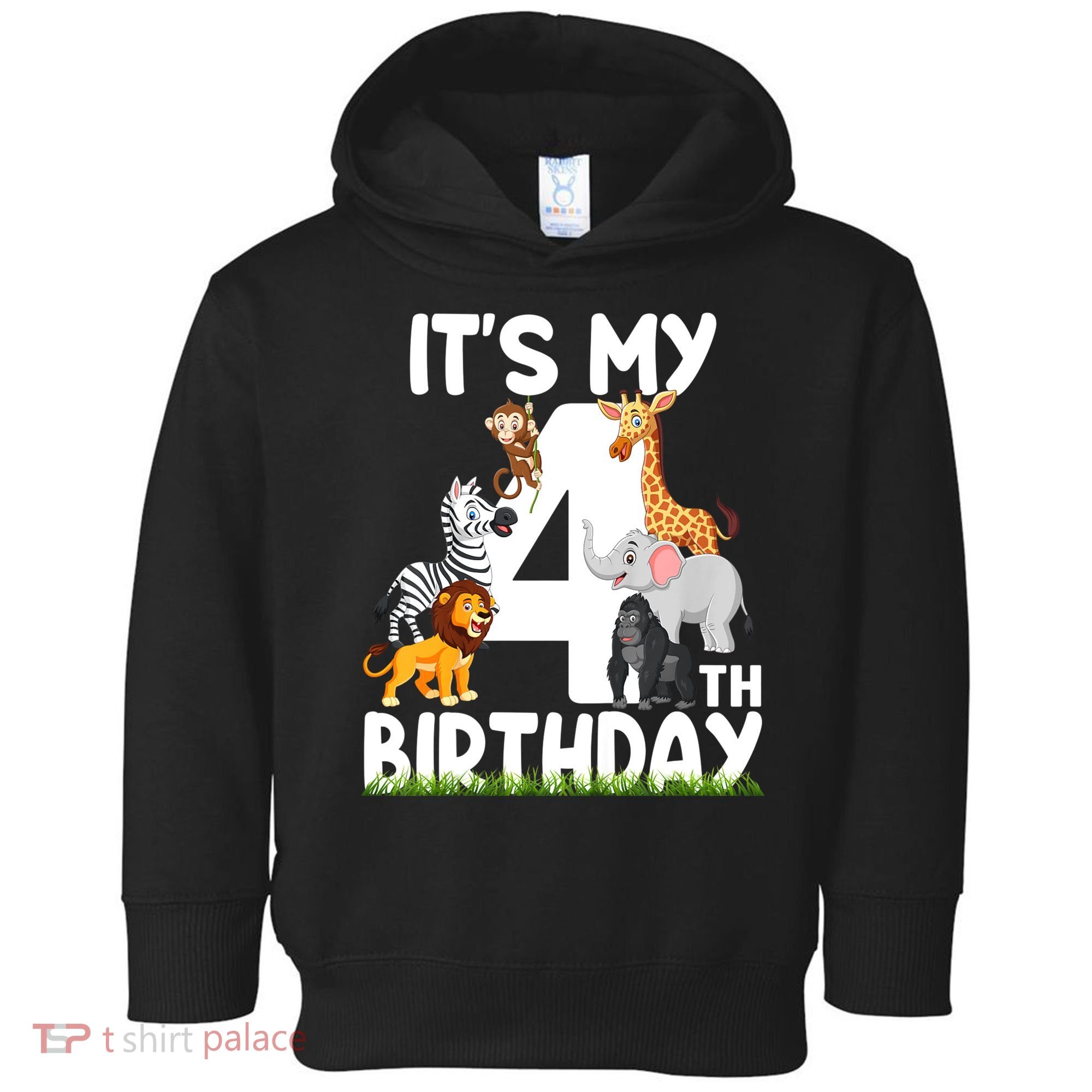 Kids It's My 4th Birthday Zoo Jungle Safari 4 Years Old Animals Toddler Hoodie