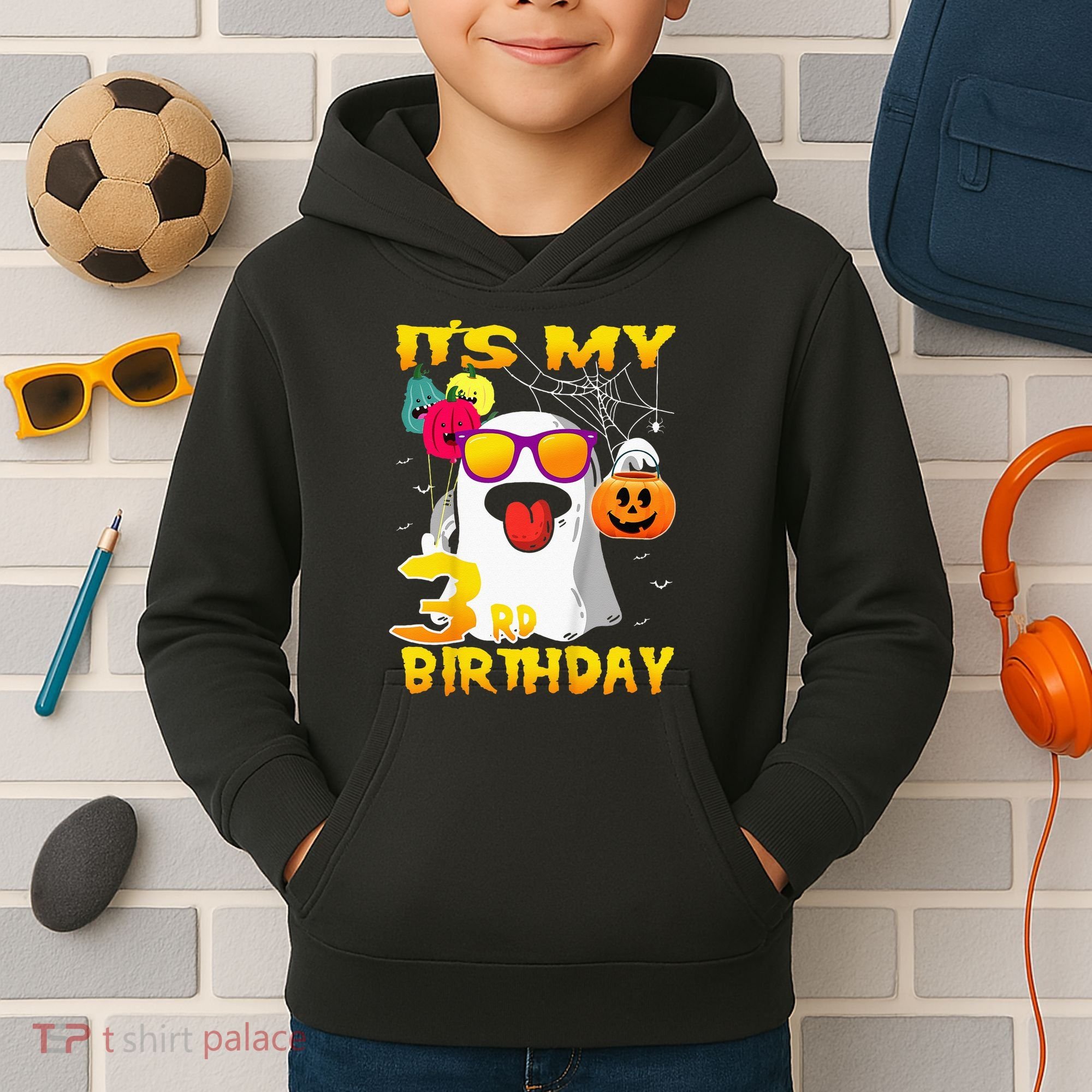 Kids Its My 3rd Birthday Ghost Pumpkin Halloween Party 3 Years Kids Hoodie