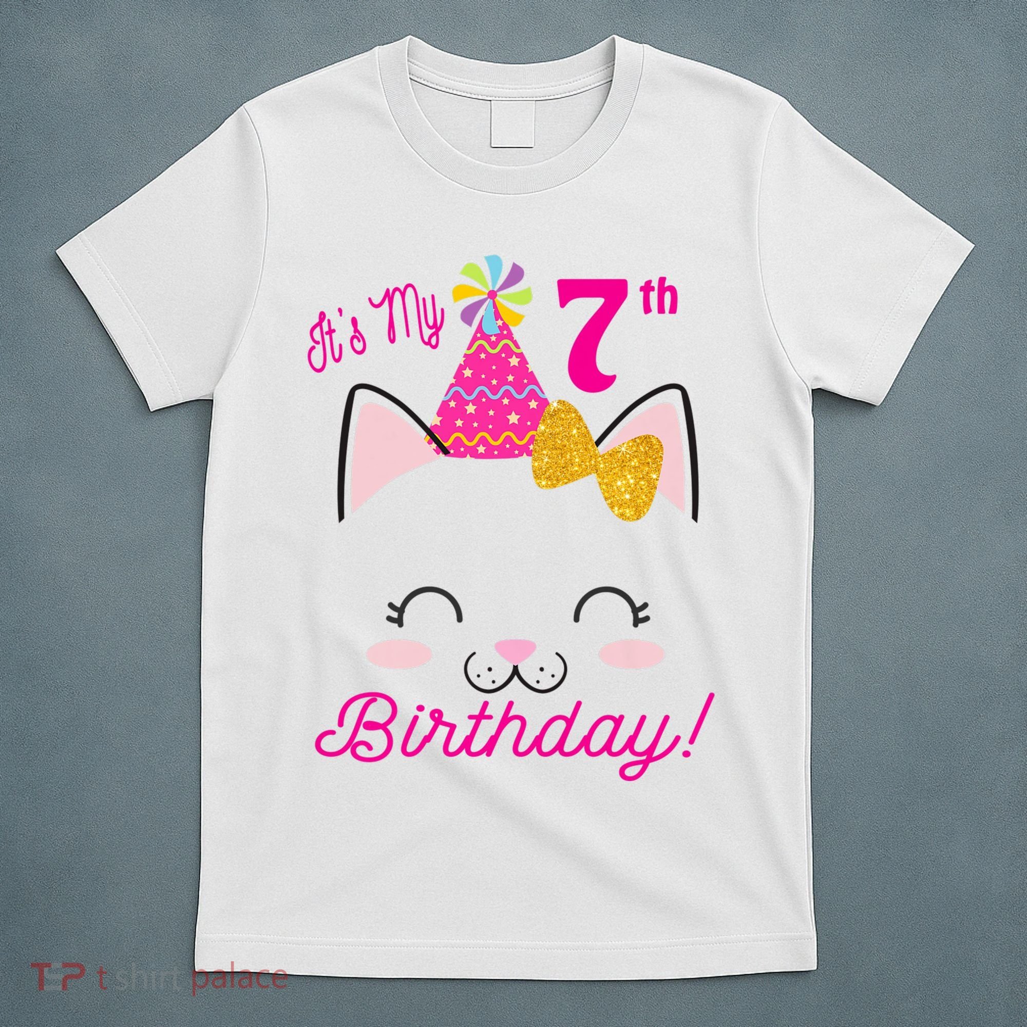 Kids Its My 7th Birthday Shirt Girl Kitty Cat Theme Party Outfit T-Shirt