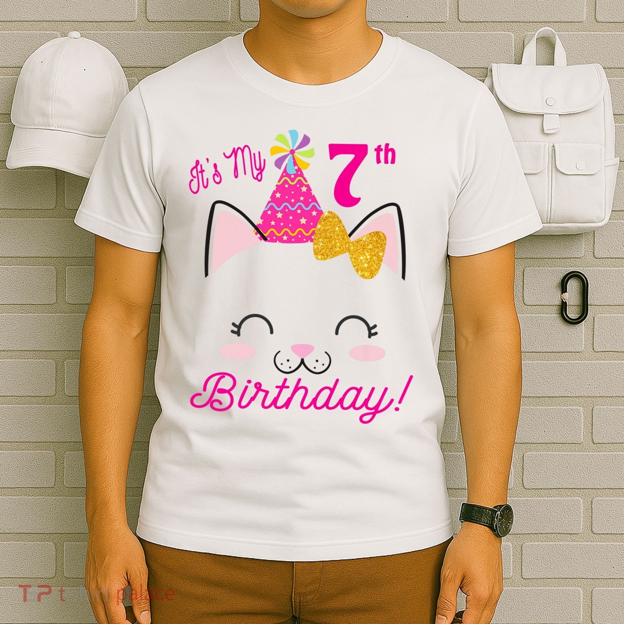 Kids Its My 7th Birthday Shirt Girl Kitty Cat Theme Party Outfit T-Shirt