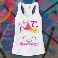 Kids Its My 7th Birthday Shirt Girl Kitty Cat Theme Party Outfit Women's Tank Top thumb 3