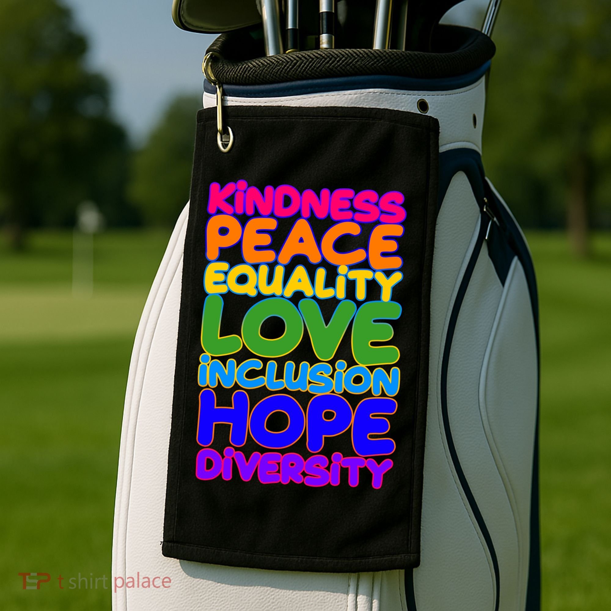 Kindness Peace Equality Love Inclusion Hope Diversity Rainbow Golf Towel