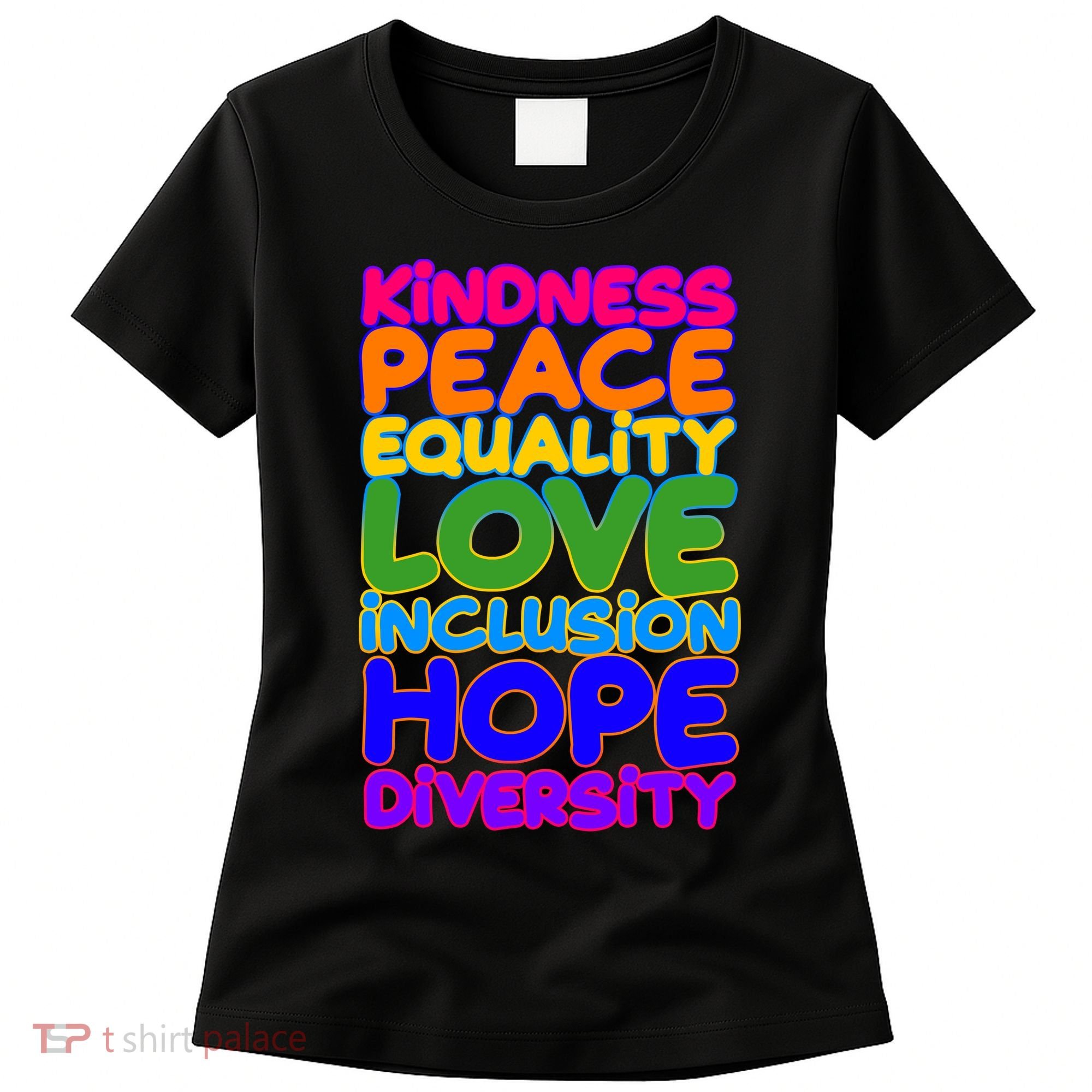 Kindness Peace Equality Love Inclusion Hope Diversity Rainbow Women's T-Shirt