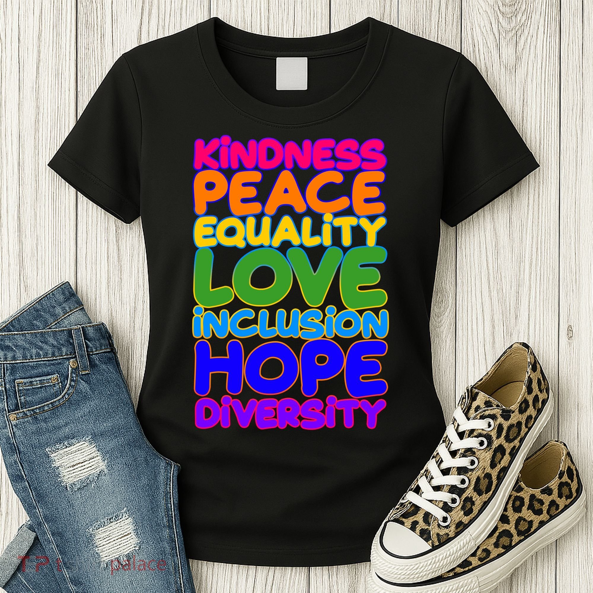 Kindness Peace Equality Love Inclusion Hope Diversity Rainbow Women's T-Shirt