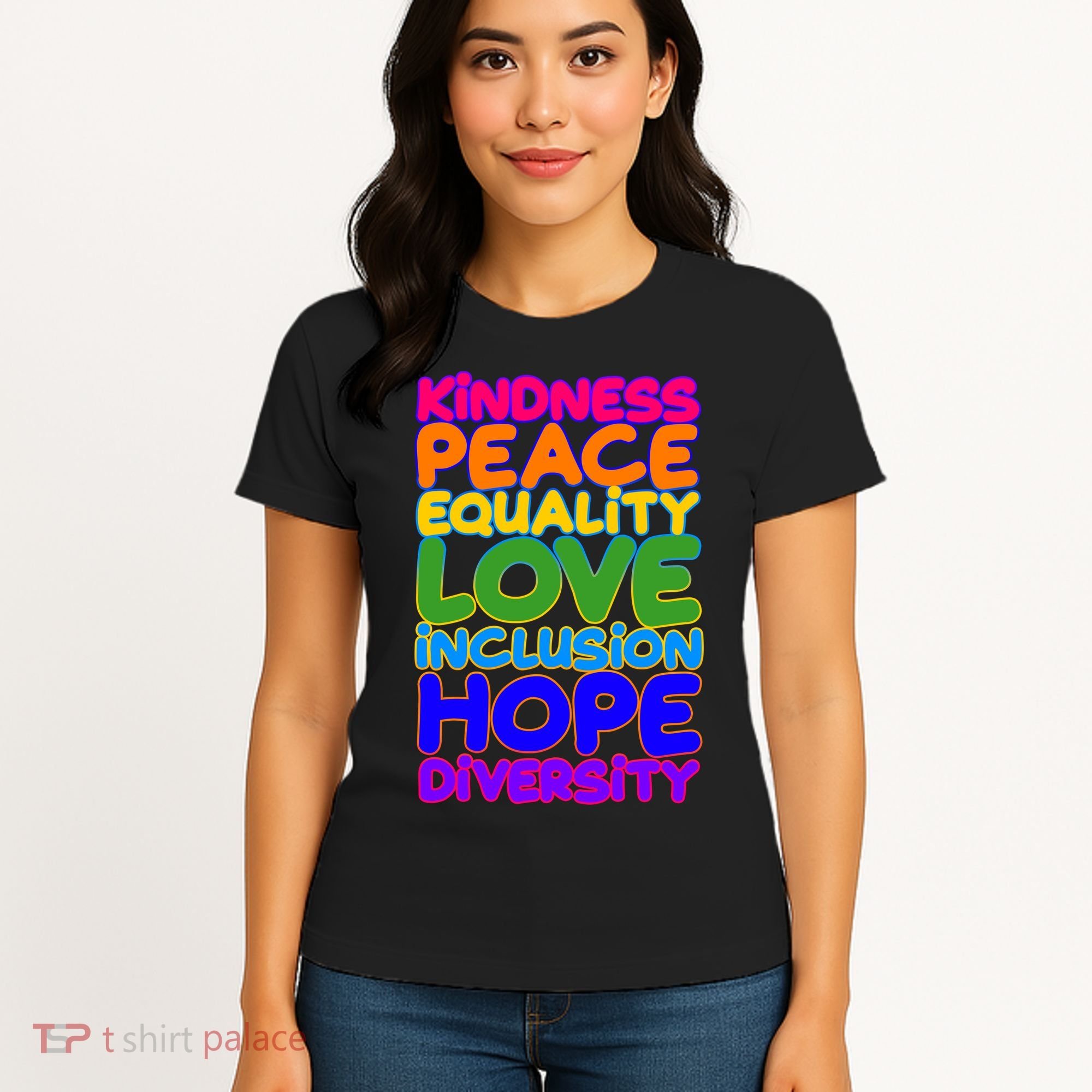 Kindness Peace Equality Love Inclusion Hope Diversity Rainbow Women's T-Shirt