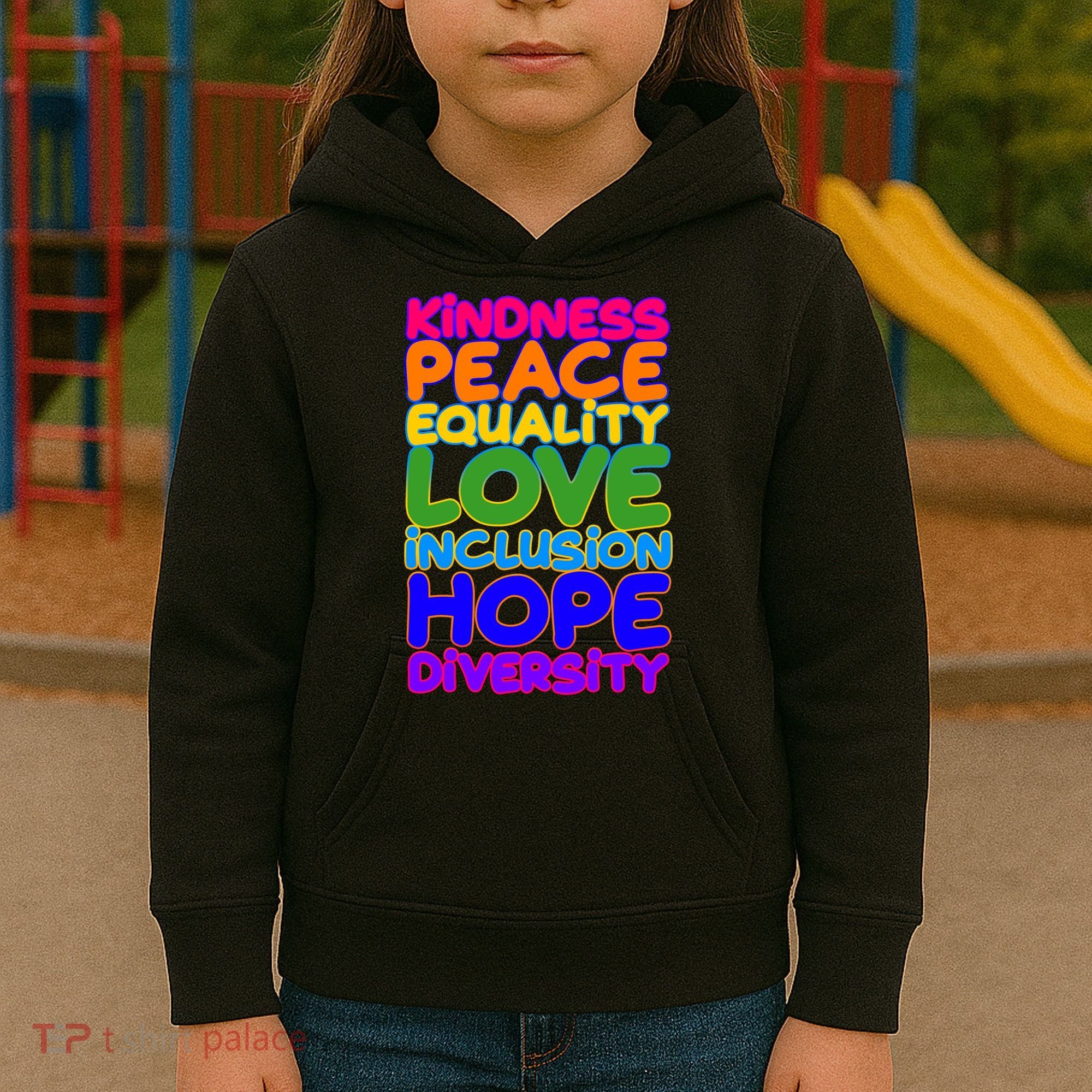 Kindness Peace Equality Love Inclusion Hope Diversity Rainbow Kids Hoodie