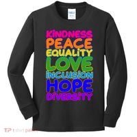 Kindness Peace Equality Love Inclusion Hope Diversity Rainbow Kids Long Sleeve Shirt thumb 0