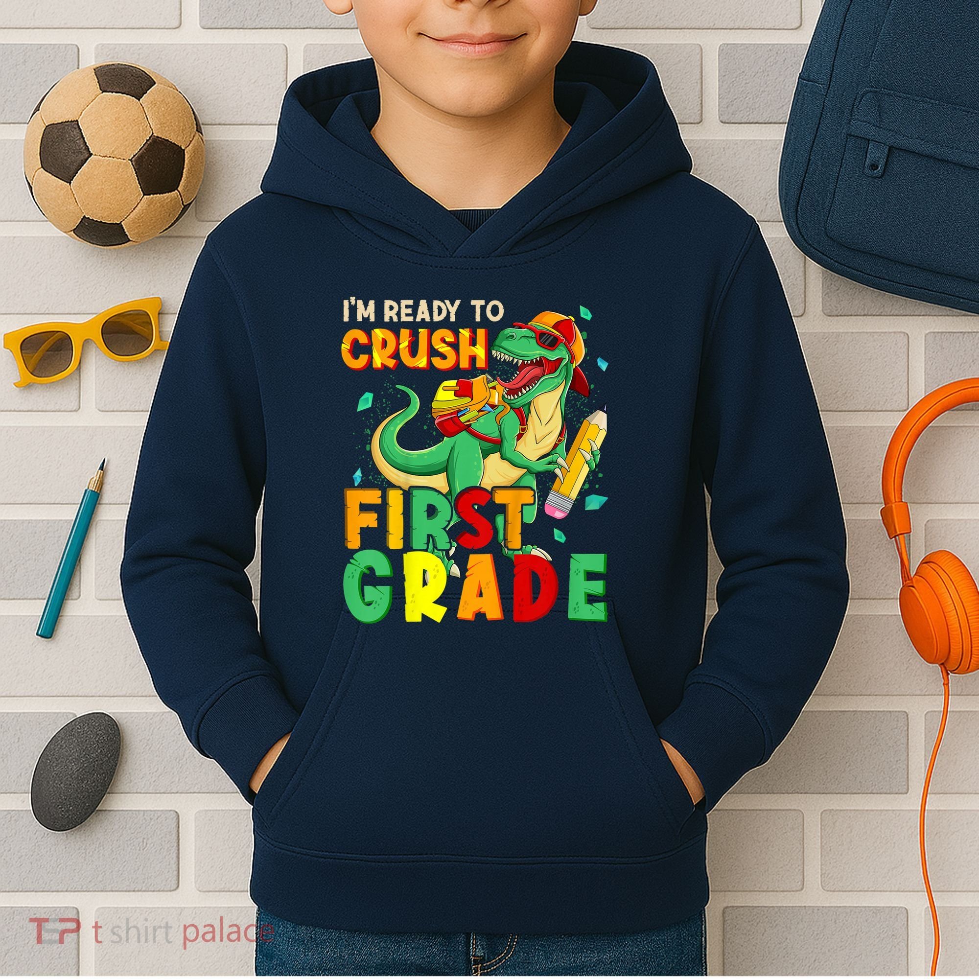 Kids Im Ready To Crush First Grade Back To School Dinosaur Kids Hoodie