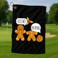 Kiss Me I'm Trying Funny Gingerbread Golf Towel thumb 1
