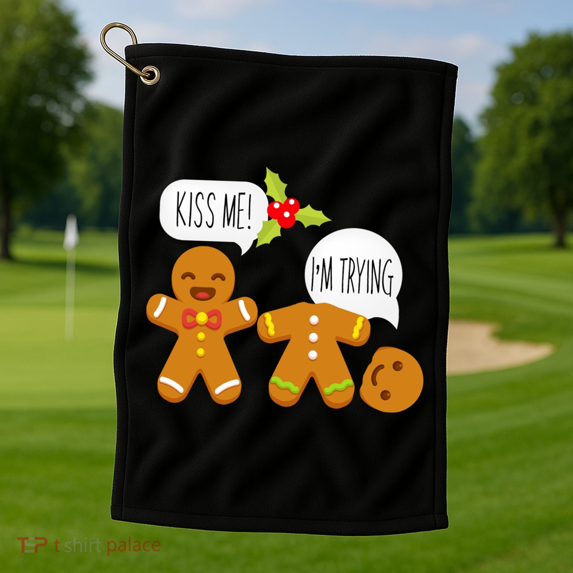 Kiss Me I'm Trying Funny Gingerbread Golf Towel