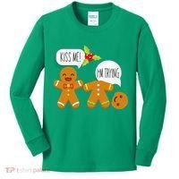 Kiss Me I'm Trying Funny Gingerbread Kids Long Sleeve Shirt thumb 0
