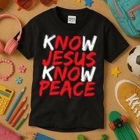 Know Jesus Know Peace No Jesus No Peace Faith God Kids T-Shirt thumb 3