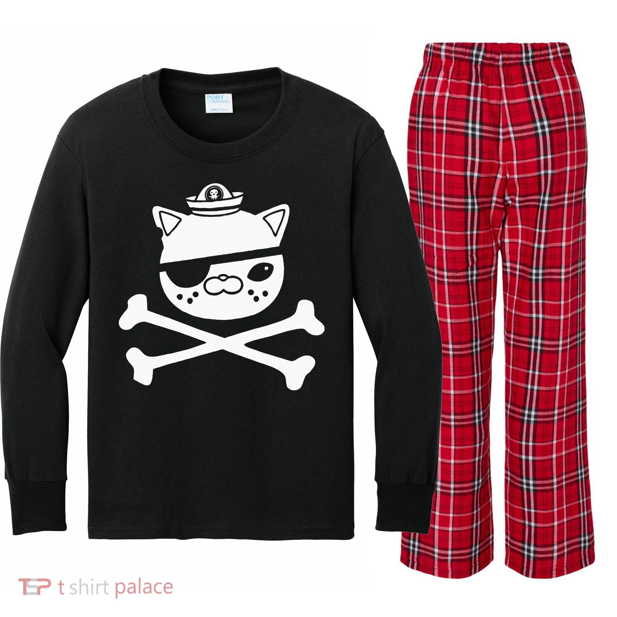 Kids Kwazii Cute Funny Pirate Cat Kids Kids Long Sleeve Plaid Pajama Set