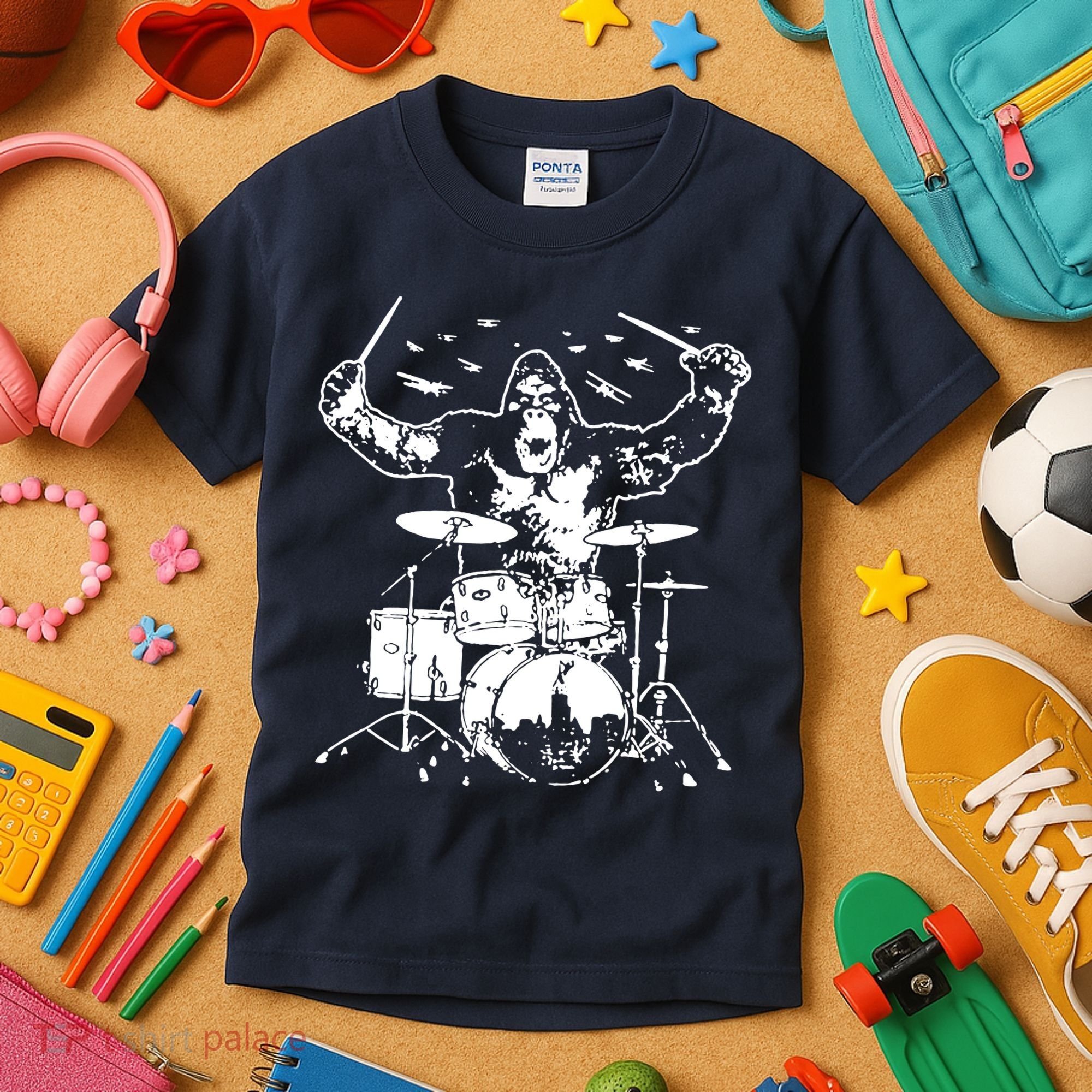 King Kong Playing Drums Kids T-Shirt
