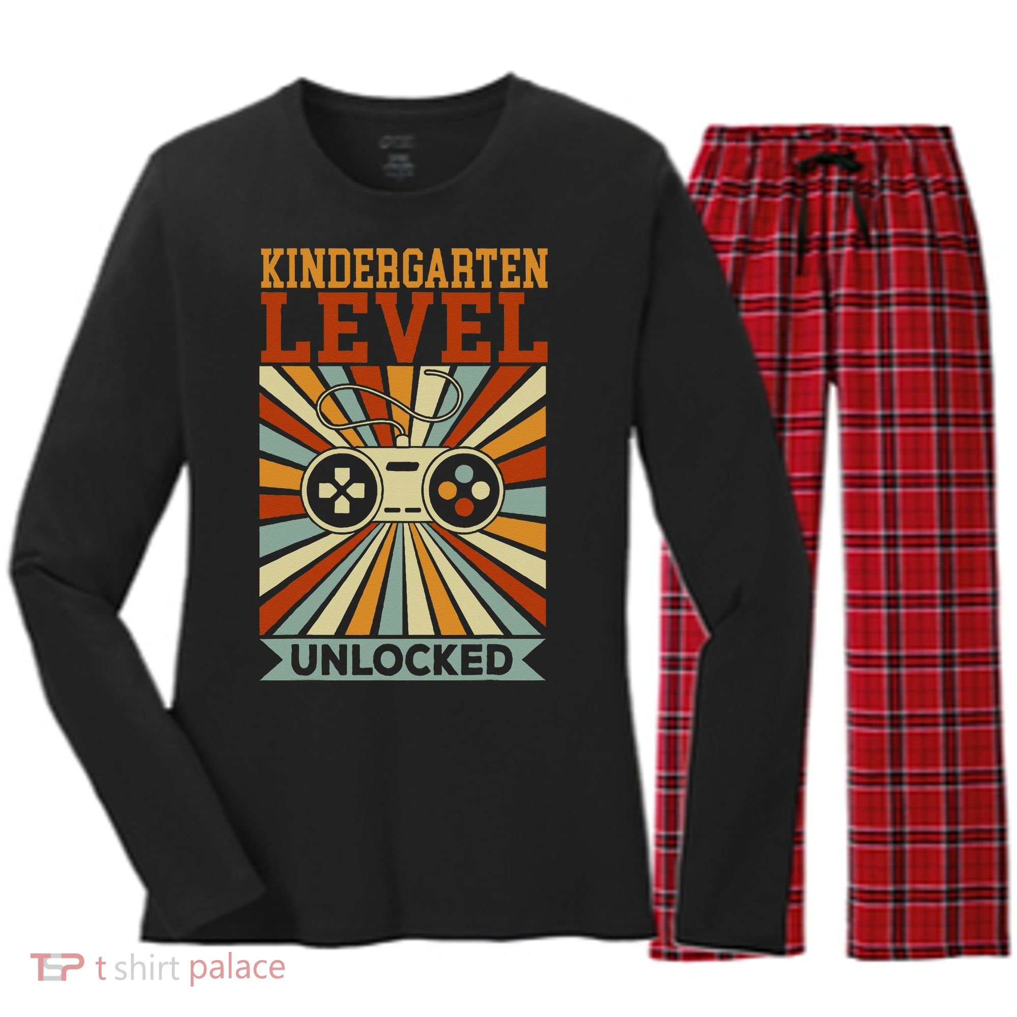 Kindergarten Level Unlocked Back To School Kindergarten Women's Long Sleeve Flannel Pajama Set 