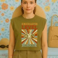 Kindergarten Level Unlocked Back To School Kindergarten Garment-Dyed Women's Muscle Tee thumb 4