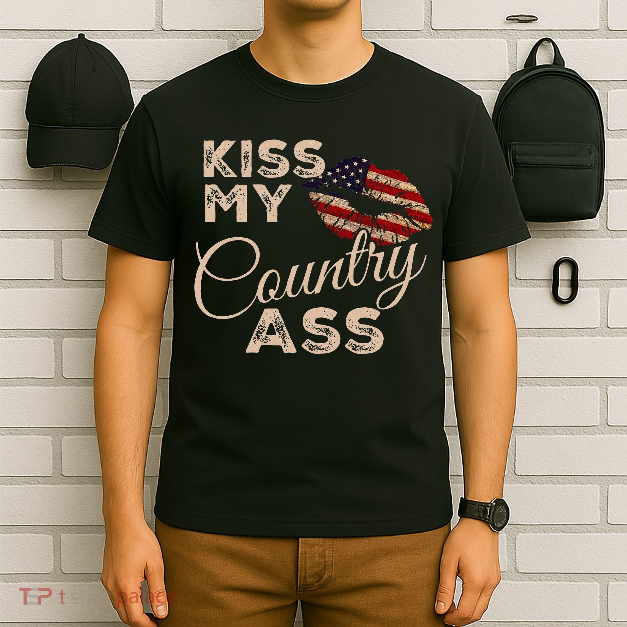 Kiss My Country Ass Patriotic Grunge Flag Lips T-Shirt