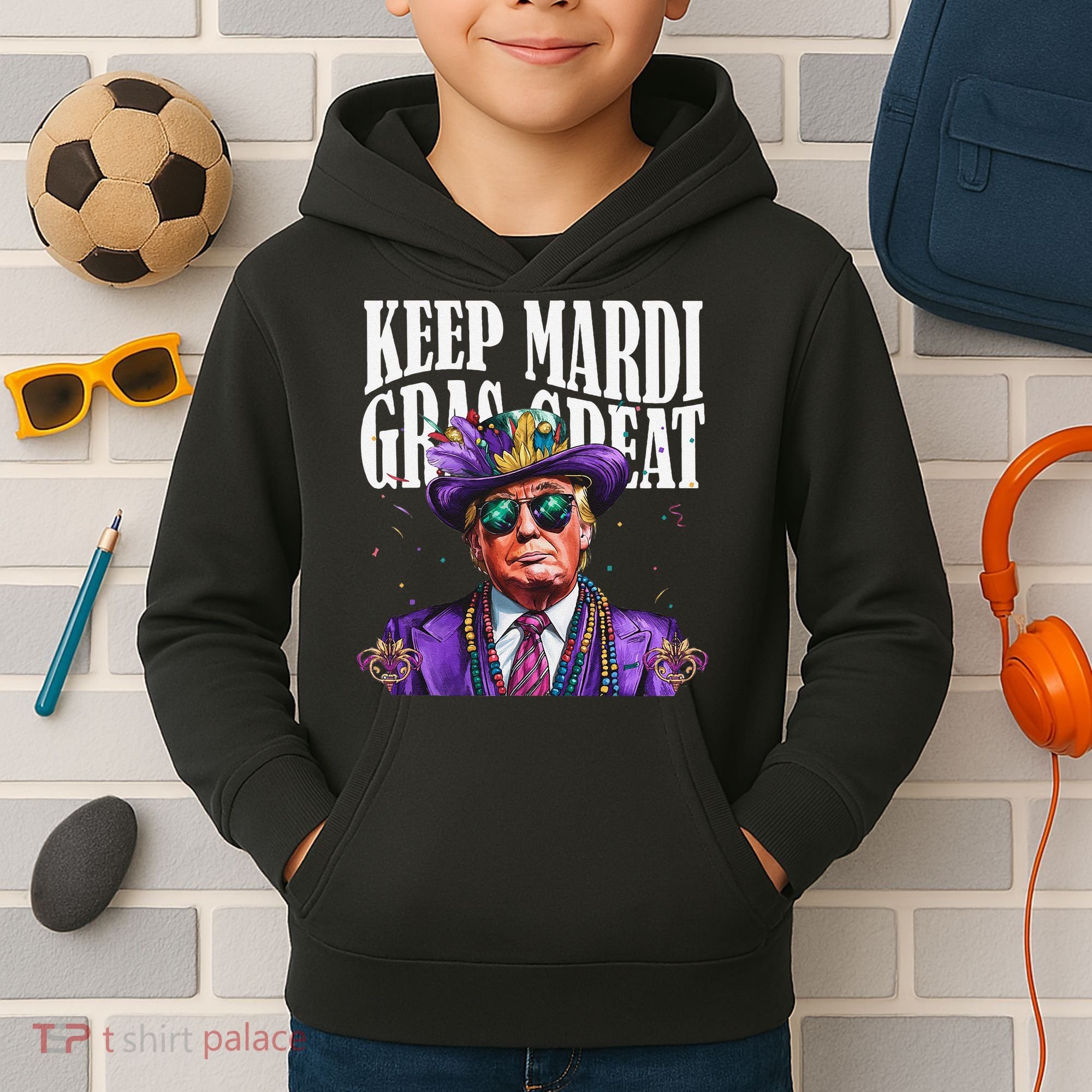 Keep Mardi Gras Great Trump Mardi Gras 2025 Flag Usa Funny Kids Hoodie