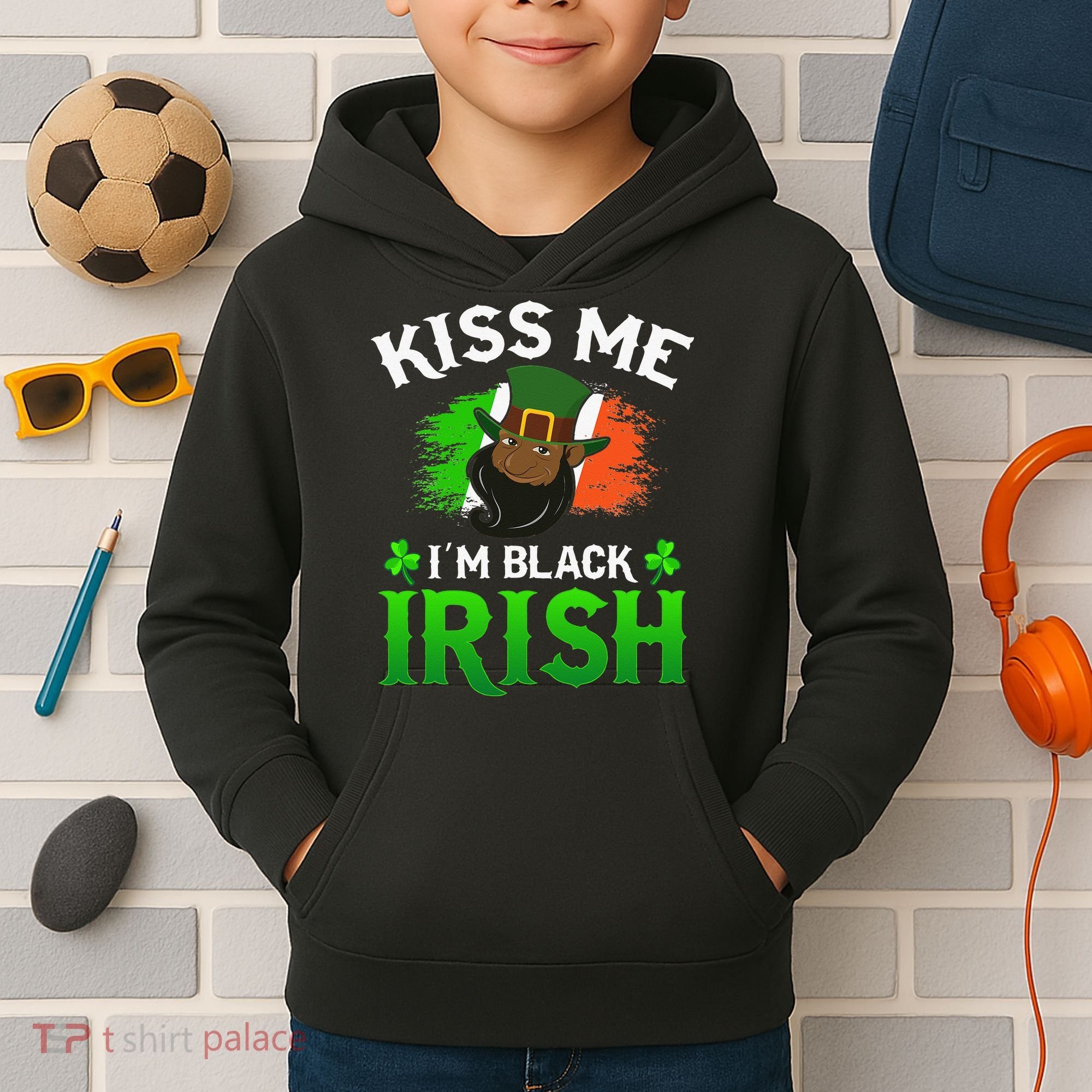 Kissing Me I'm Black Irish Ireland Flag St Patricks Day Kids Hoodie