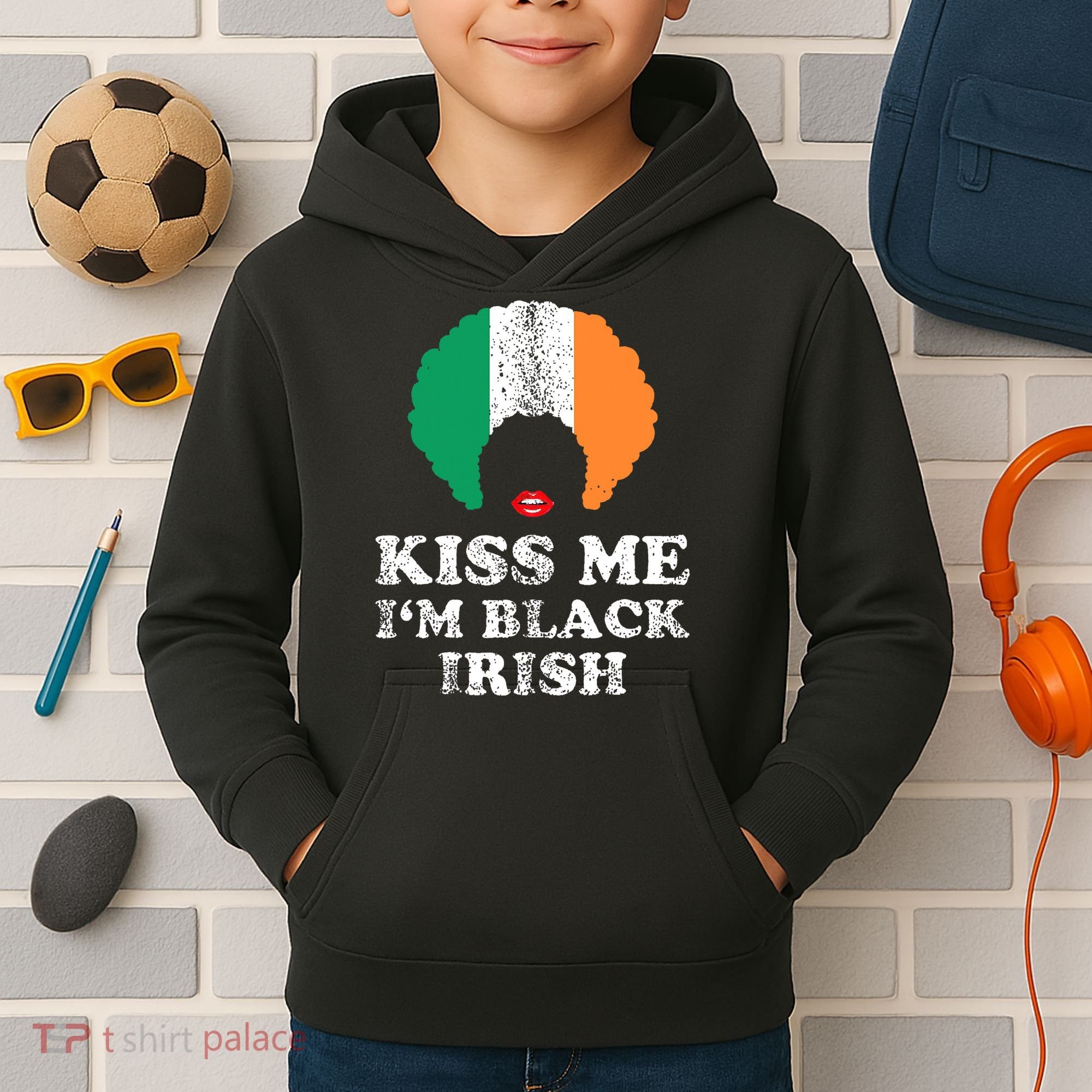 Kiss Mee I'm Black Irish History Funny St Patricks Day Kids Hoodie