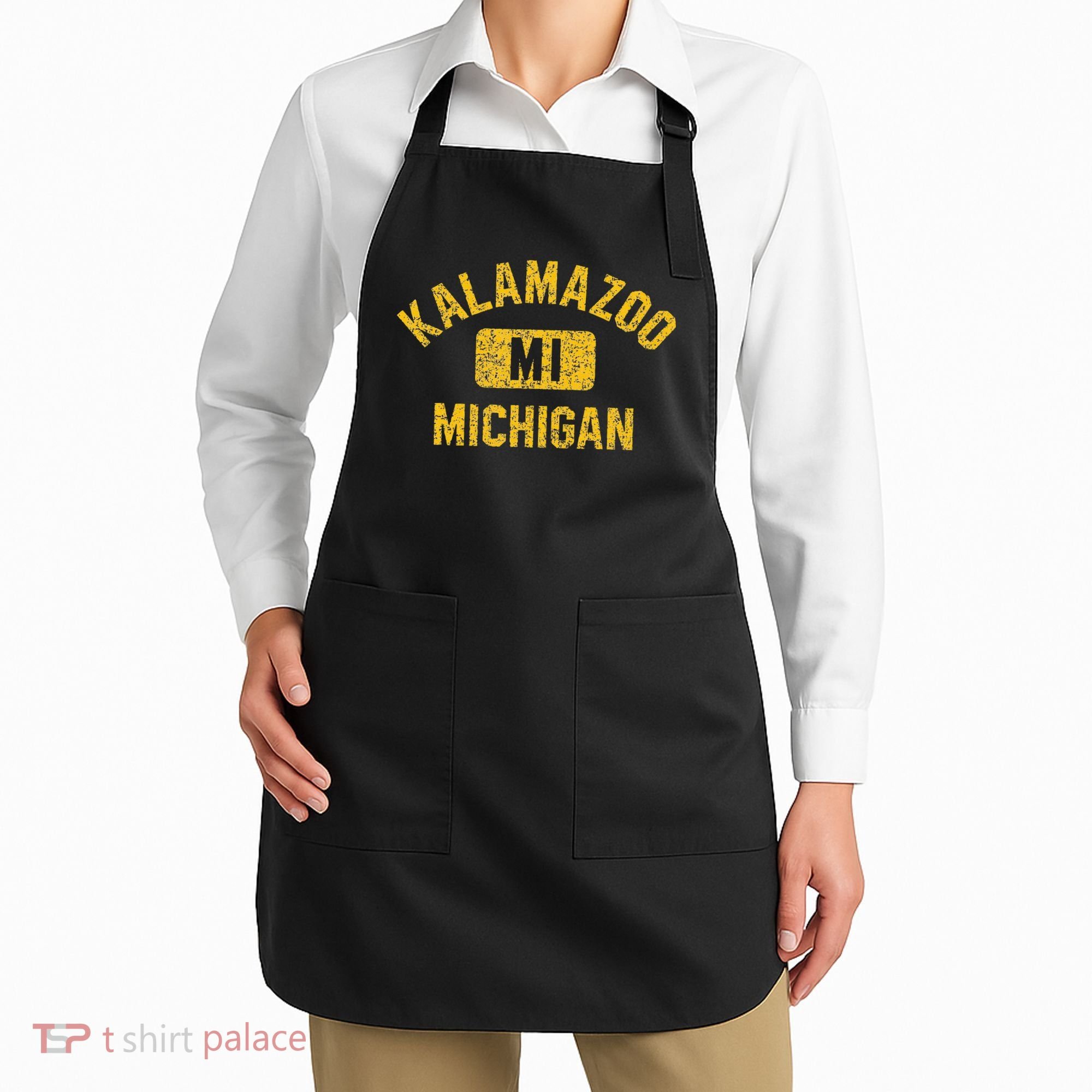 Kalamazoo MI Michigan Gym Style Distressed Amber Print Apron