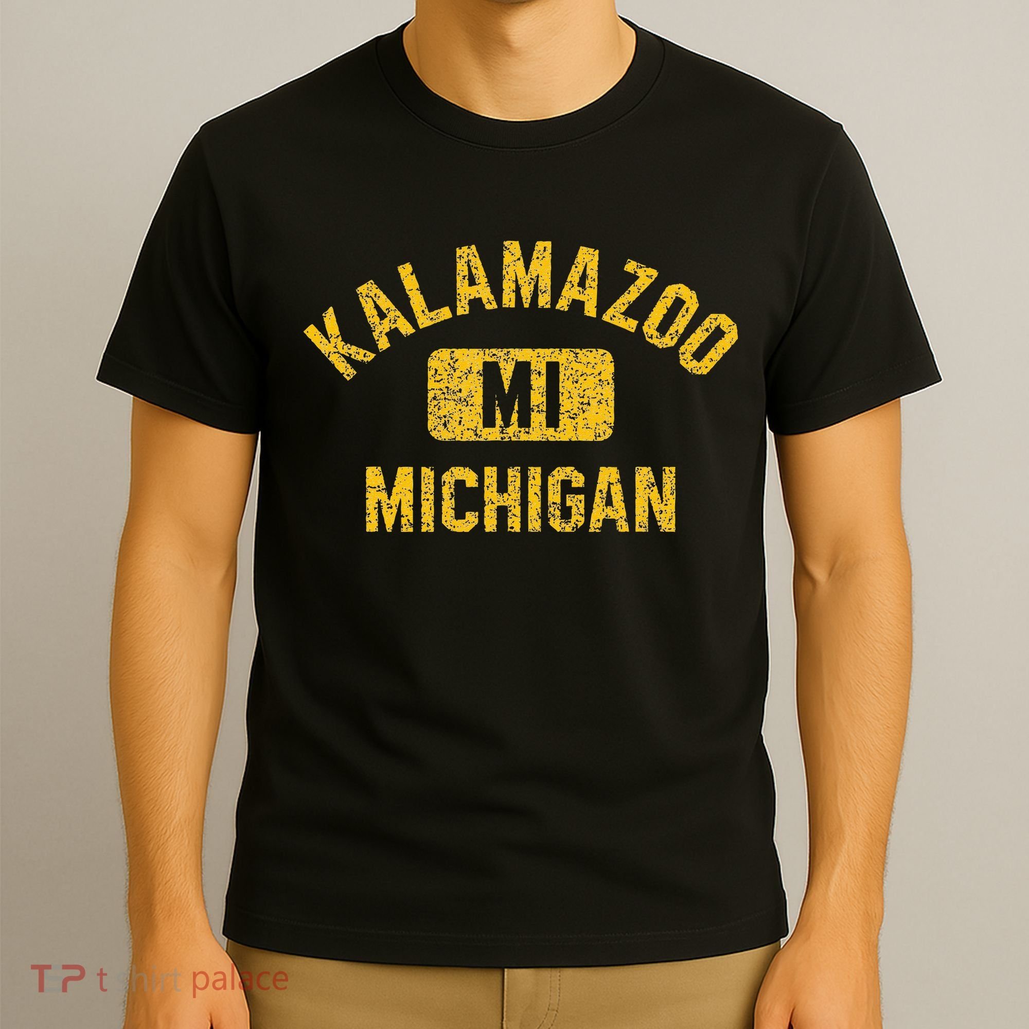 Kalamazoo MI Michigan Gym Style Distressed Amber Print T-Shirt