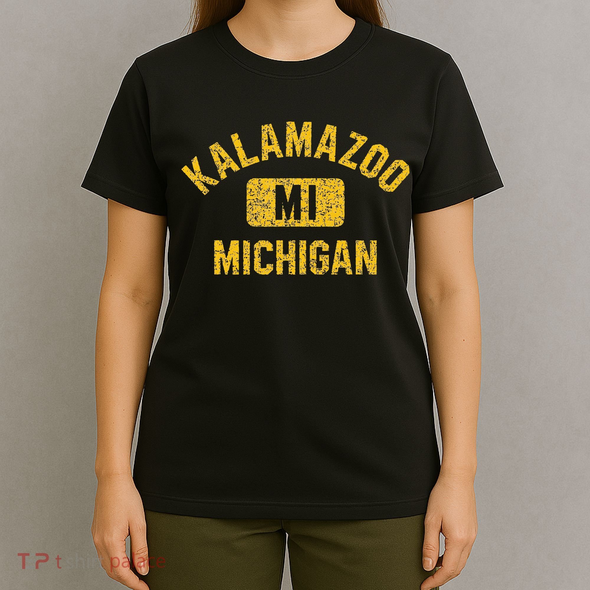 Kalamazoo MI Michigan Gym Style Distressed Amber Print T-Shirt