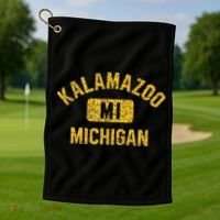 Kalamazoo MI Michigan Gym Style Distressed Amber Print Golf Towel thumb 1