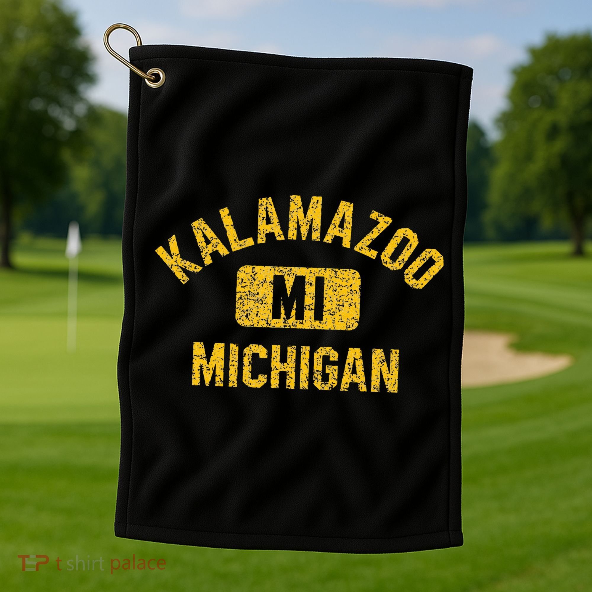 Kalamazoo MI Michigan Gym Style Distressed Amber Print Golf Towel